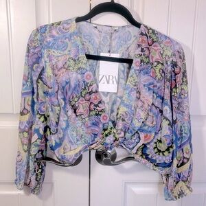 Zara Paisley Print Twisted Front Crop Top Size Large NWT